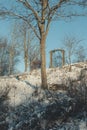Vertical shot of an arch surrounded by leafless trees. Winter landscape. Royalty Free Stock Photo