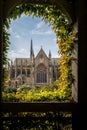 Vertical shot of the Arundel castle and cathedral from a beautiful arch covered in green foliage Royalty Free Stock Photo