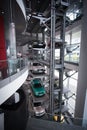 Vertical shot of Audi Car Lift at the Audi Forum Ingolstadt, Germany