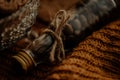 Vertical shot of an autumn decoration set with coffee beans in a jar Royalty Free Stock Photo