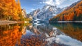 Vertical shot of autumn trees and mountain on a lake