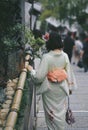 Vertical shot of a back view of a woman in a traditional Japanese dress & x28;kimono& x29; in the street Royalty Free Stock Photo