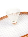 Vertical shot of a badminton birdie on a racket isolated on a white background