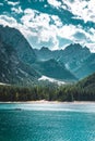 Vertical shot of the Baires Lake in the Dolomite mountains in the afternoon, Italy Royalty Free Stock Photo