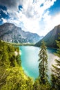 Vertical shot of the Baires Lake in the Dolomite mountains in the afternoon, Italy Royalty Free Stock Photo