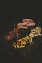 Vertical shot of baloney and sliced cheese on a wooden board Royalty Free Stock Photo