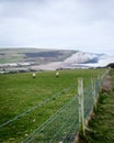 Vertical shot of barbed wire and chain link fence on a field with a view of a cliff on a seashore