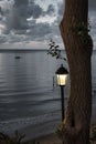 Vertical shot of a beach with a tree and a lamp in Shanklin, Isle of Wight, England, United Kingdom Royalty Free Stock Photo