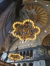 Vertical shot of the beautiful chandeliers in Hagia Sophia. Istanbul, Turkey.