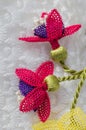 Vertical shot of a beautiful crochet flower design Royalty Free Stock Photo