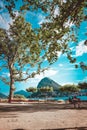 Vertical shot of beautiful green-leafed trees on a beach with benches under breathtaking cloudy sky Royalty Free Stock Photo