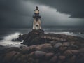 a vertical shot of a beautiful lighthouse surrounded by rocks under the stormy cloudy sky