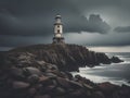 a vertical shot of a beautiful lighthouse surrounded by rocks under the stormy cloudy sky