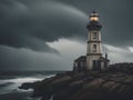 a vertical shot of a beautiful lighthouse surrounded by rocks under the stormy cloudy sky