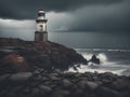 a vertical shot of a beautiful lighthouse surrounded by rocks under the stormy cloudy sky