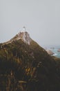 Vertical shot of a beautiful nugget point lighthouse ahuriri in new zealand with a foggy background Royalty Free Stock Photo