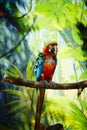 Vertical shot of a beautiful true parrot perched on a piece of wood surrounded by greenery