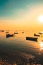 Vertical shot of a beautiful view of fishing boats in the sea at sunset Royalty Free Stock Photo