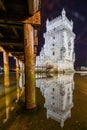 Vertical shot of the Belem Tower at night in Lisbon, Portugal Royalty Free Stock Photo