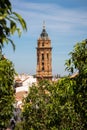 Vertical shot of the belltower church of San Sebastian Antequera, Spain