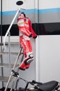 Vertical shot of a biker outfit at the Portuguese motorcycle Grand Prix in Estoril