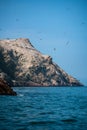 Vertical shot of birds flying over the sea next to cliffs at Ballestas Islands Royalty Free Stock Photo