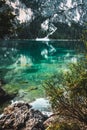 Vertical shot of a blissful view from Braies Lake South Tirol, Italy, Europe