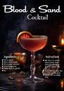 Vertical shot of a Blood and Sand cocktail with its ingredients and instructions lists