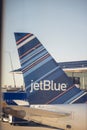 Vertical shot of the blue JetBlue plane at the Charlotte North Carolina airport landing area