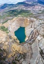 Vertical shot of a blue lake surrounded by mines in Queenstown, Tasmania, Australia Royalty Free Stock Photo