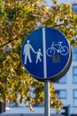 Vertical shot of a blue road pedestrian and bicycle sign Royalty Free Stock Photo