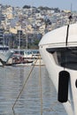 Vertical shot of boats moored at the port of Piraeus, Pasalimani, Greece