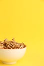 Vertical shot of a bowl of walnuts isolated on a yellow background