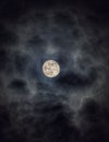 Vertical shot of the bright moon at night surrounded by grayish clouds