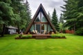 vertical shot: brown wooden cladded a-frame, green lawn in front