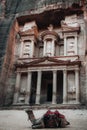 Vertical shot of a Camel lying in front of The Treasury under the sunlight in Petra