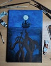 Vertical shot of a canvas painting of a ship in a dark sea with octopus tentacles