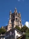 Vertical shot of the cathedral of Lausanne against the blue sky, Lausanne, Switzerland