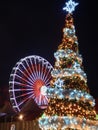 Vertical shot of a Christmas tree and a Ferris Wheel in Maastricht, the Netherlands at night Royalty Free Stock Photo