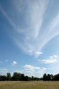Vertical shot of cloud streaks in blue sky over a meadow with green trees Royalty Free Stock Photo