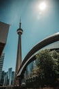 Vertical shot of CN Tower and Rogers Center on a sunny day in Toronto, Canada Royalty Free Stock Photo