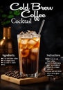 Vertical shot of a cold brew coffee cocktail with its ingredients and instructions lists