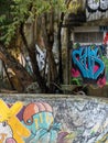 Vertical shot of colored walls of a local skate park near the Tamarindo beach, Costa Rica