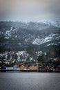 Vertical shot of colorful houses on a snowy shore against mountains in winter Royalty Free Stock Photo