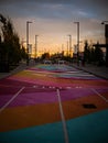 Vertical shot of a colorfully designed pavement at Deerfoot City in Calgary, Alberta