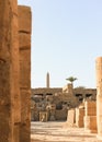 Vertical shot of the columns and obelisk in the Karnak Temple Complex. Luxor, Egypt. Royalty Free Stock Photo