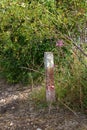 Vertical shot of a concrete boundary marker with woody bushes n the background