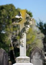 Vertical shot of a concrete cross tombstone carved