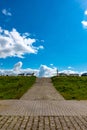 Vertical shot of a concrete footpath in a park under a cloudy bright sky