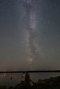 Vertical shot of a couple admiring the Milky Way constellation sitting on rocks before a lake Royalty Free Stock Photo